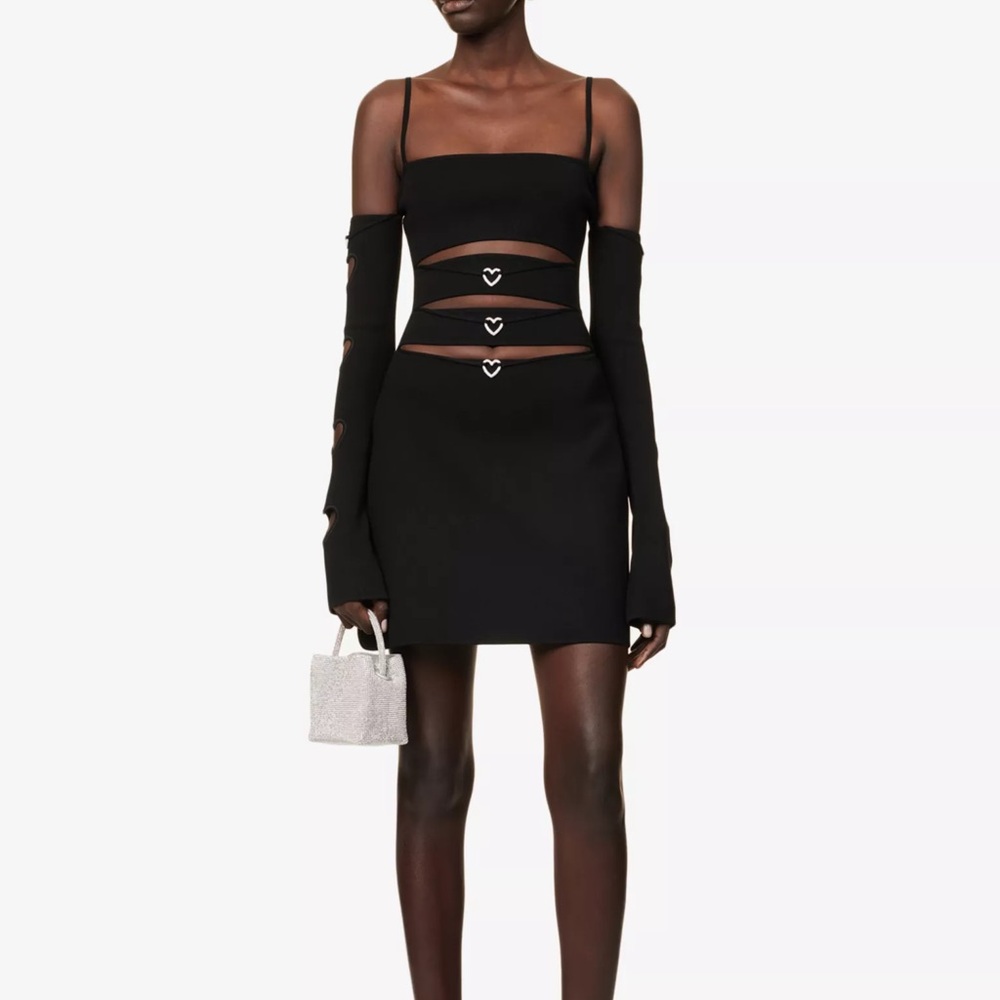 Mach & Mach Devon Cutout Crystal Heart Black Mini Dress - Size M